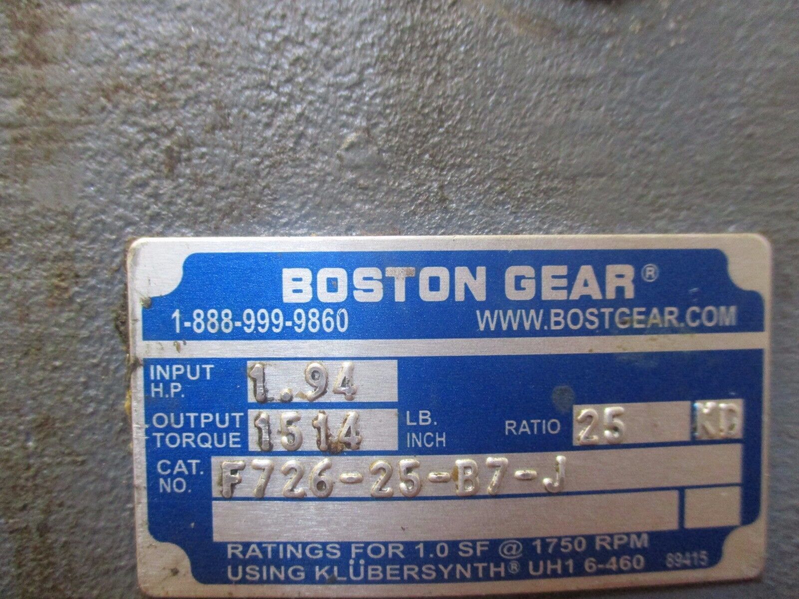Boston Gear Reducer F726-25-B7-J Ratio: 25:1 1.94 HP In Used