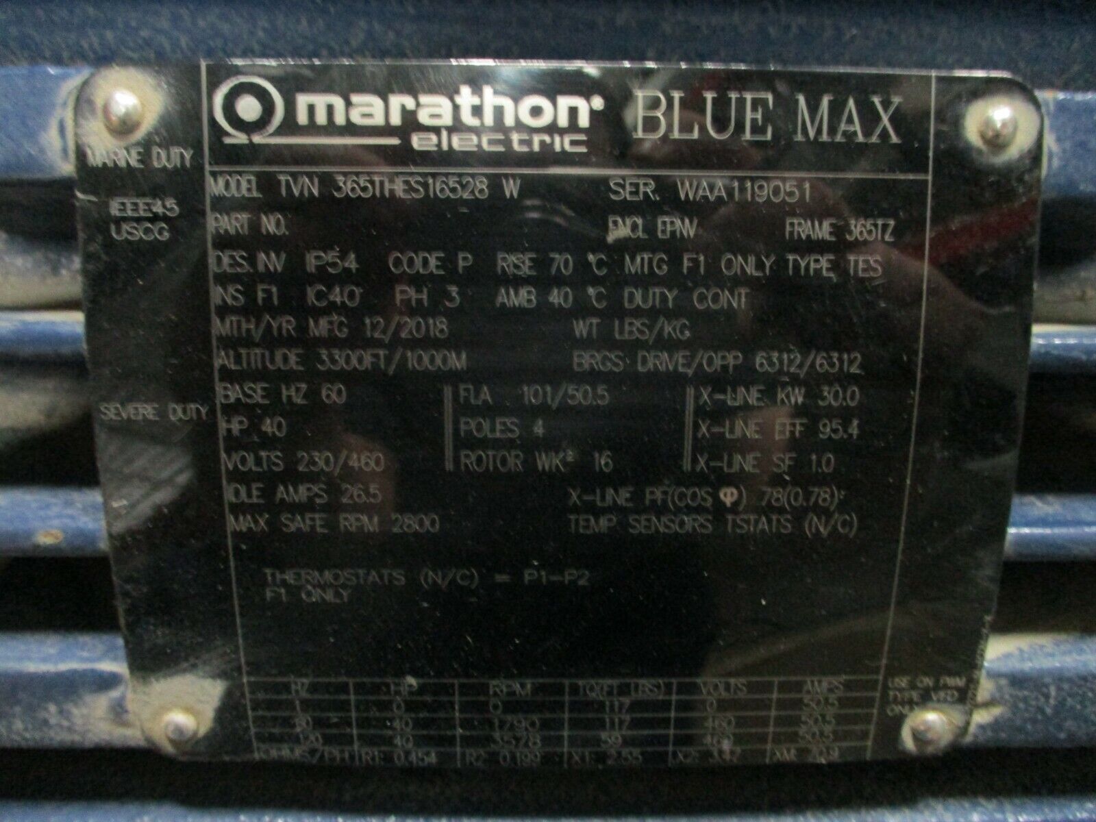 Marathon Blue Max AC Motor TVN 365THES16528 W 40HP 2800RPM 230/460V Used