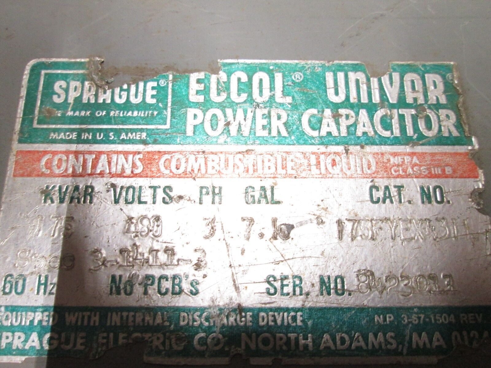 Sprague Eccol Univar Power Capacitor 175FYEX431L 175 KVAR 480V 60Hz 3Ph Used