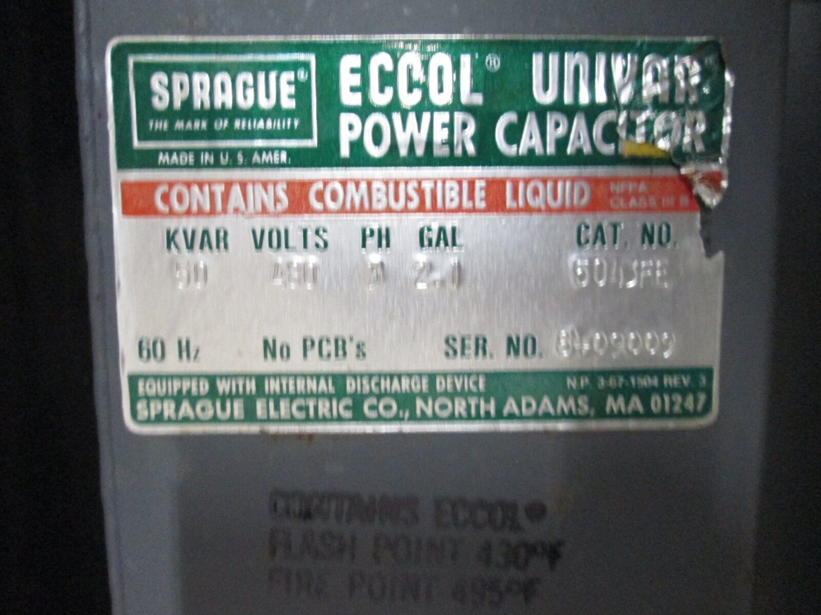 Sprague Eccol Univar Power Capacitor 175FYEX431L 175 KVAR 480V 60Hz 3Ph Used