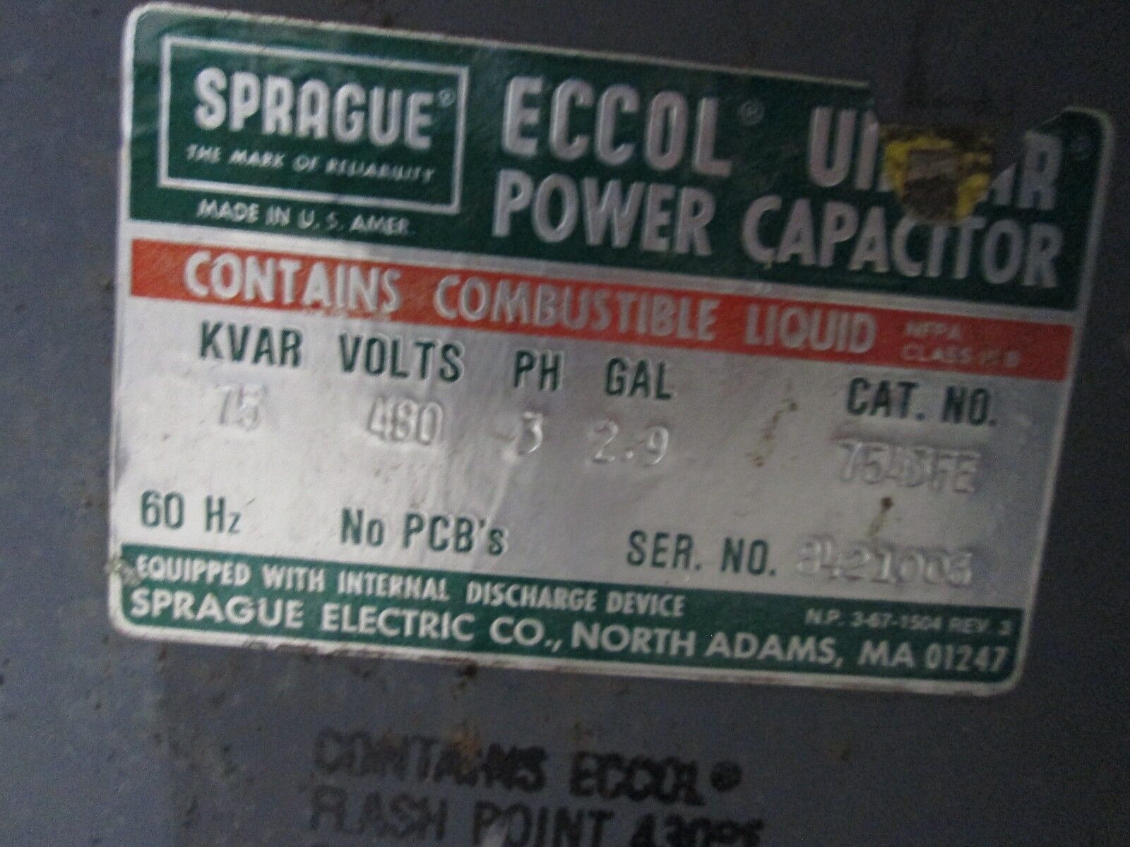 Sprague Eccol Univar Power Capacitor 175FYEX431L 175 KVAR 480V 60Hz 3Ph Used