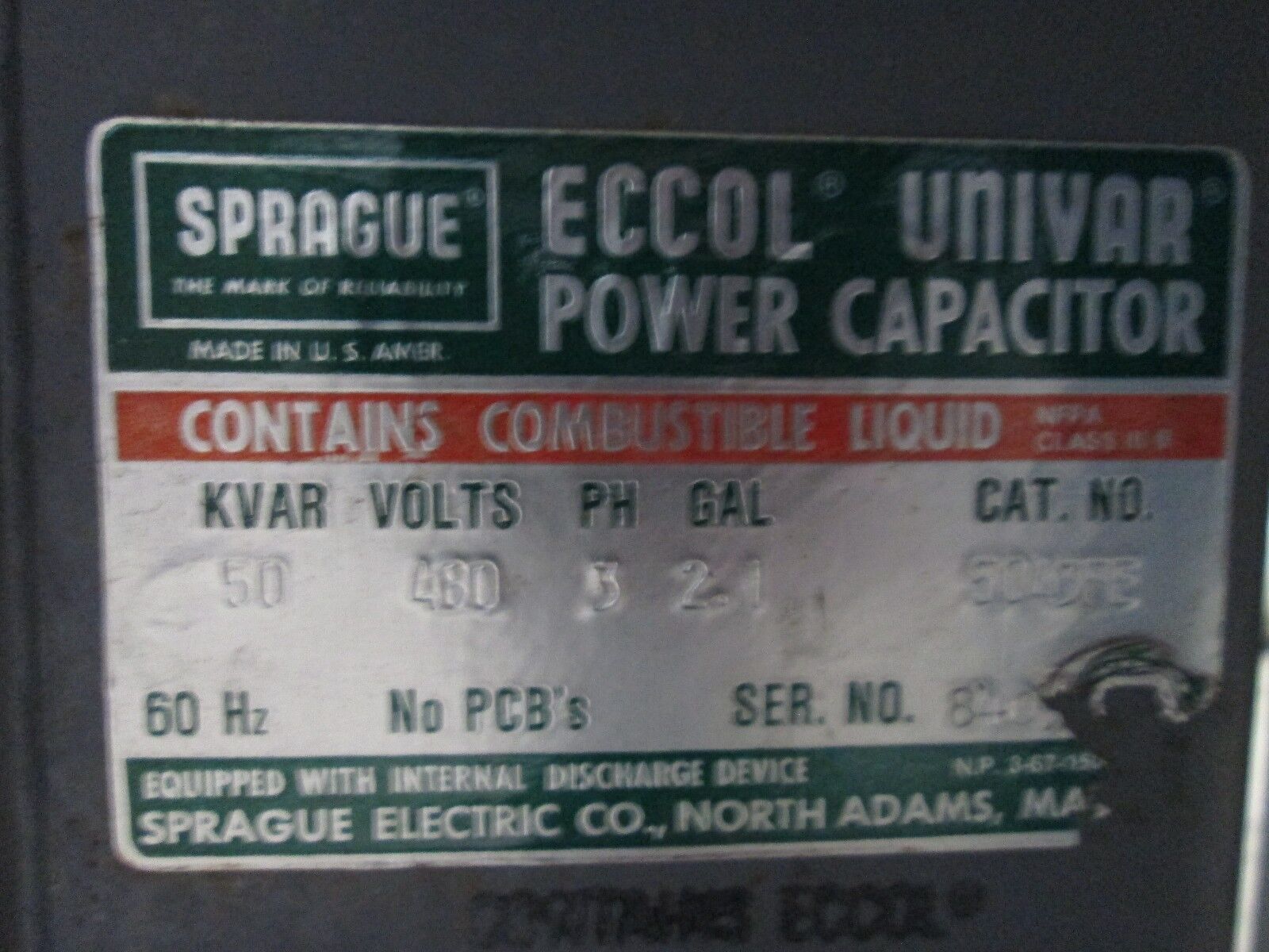 Sprague Eccol Univar Power Capacitor 175FYEX431L 175 KVAR 480V 60Hz 3Ph Used