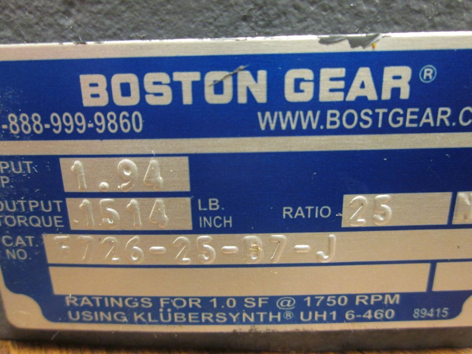 Boston Gear Reducer F726-25-B7-J Ratio 25:1 1.94HP In 1514 In-LB Torque Out