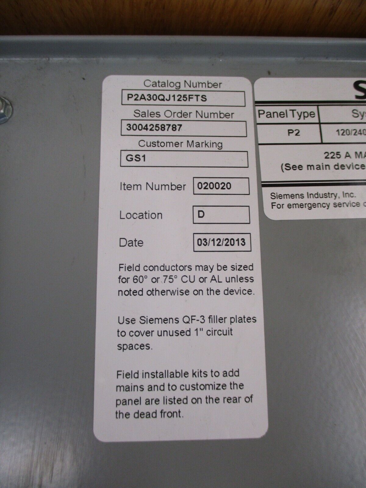 Siemens P2 Main Breaker Panelboard Interior P2A30QJ125FTS 125A Main 120/240V 1Ph