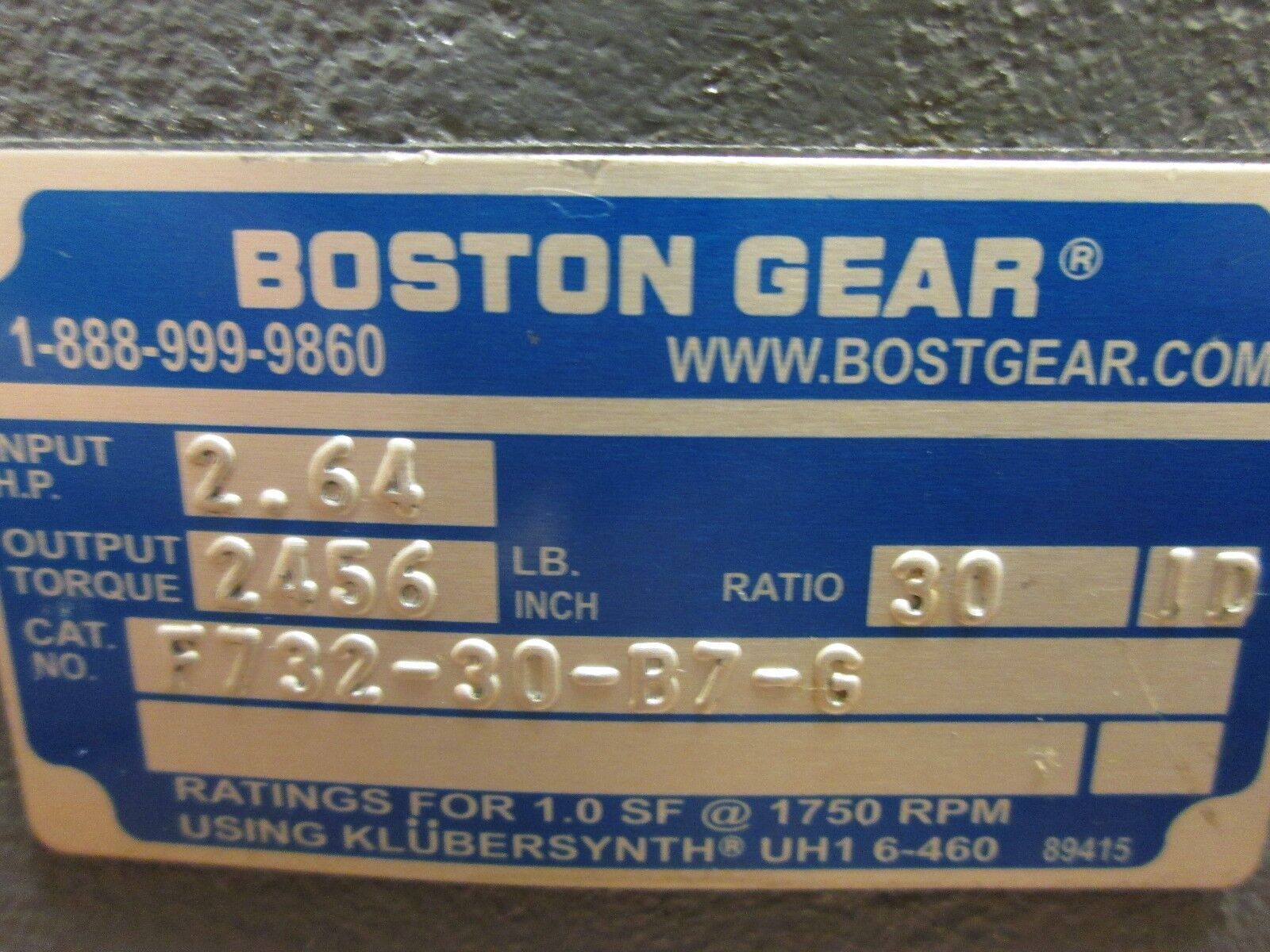 Boston Gear Reducer F732-30-B7-G Ratio 30:1 2.64HP in 2456 In LB Torque Out
