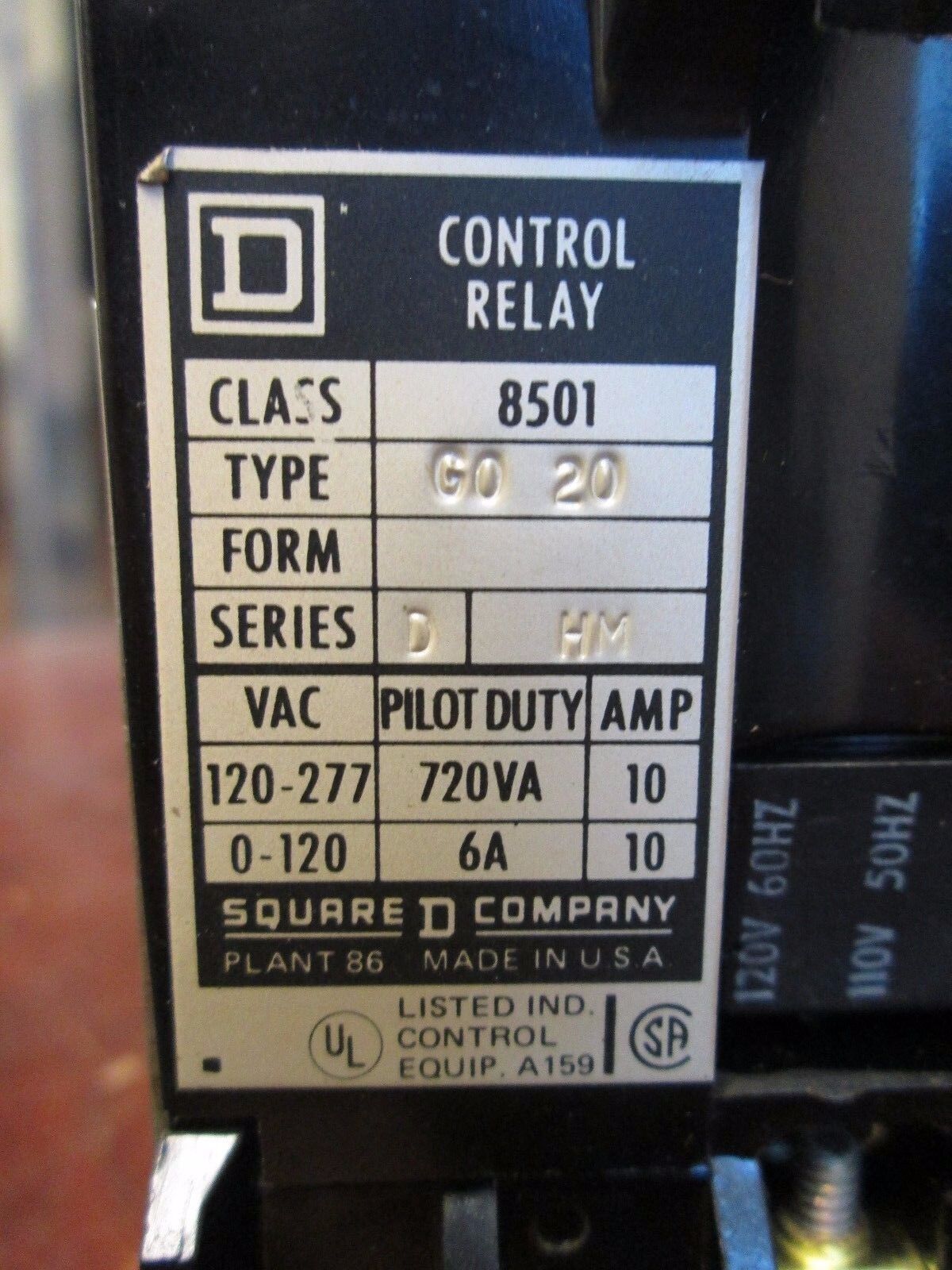 Square D AC Control Relay 8501 G0-20 120V Coil 2 N.O. Contacts nema A300