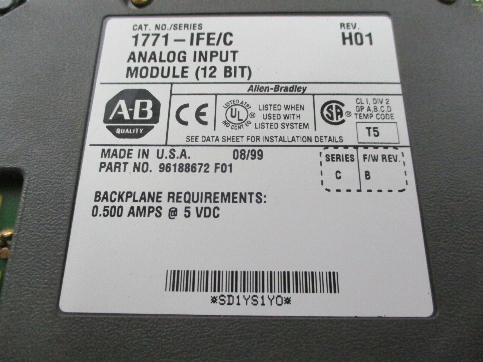 Allen-Bradley 12-Bit Analog Input Module 1771-IFE/C Ser C Rev H01 F/W Rev B Used