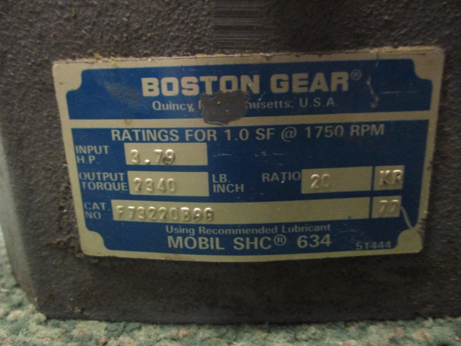 Boston Gear Reducer F732-20-B9 Ratio 20:1 3.79 HP In 2340 In-LB Torque Out New