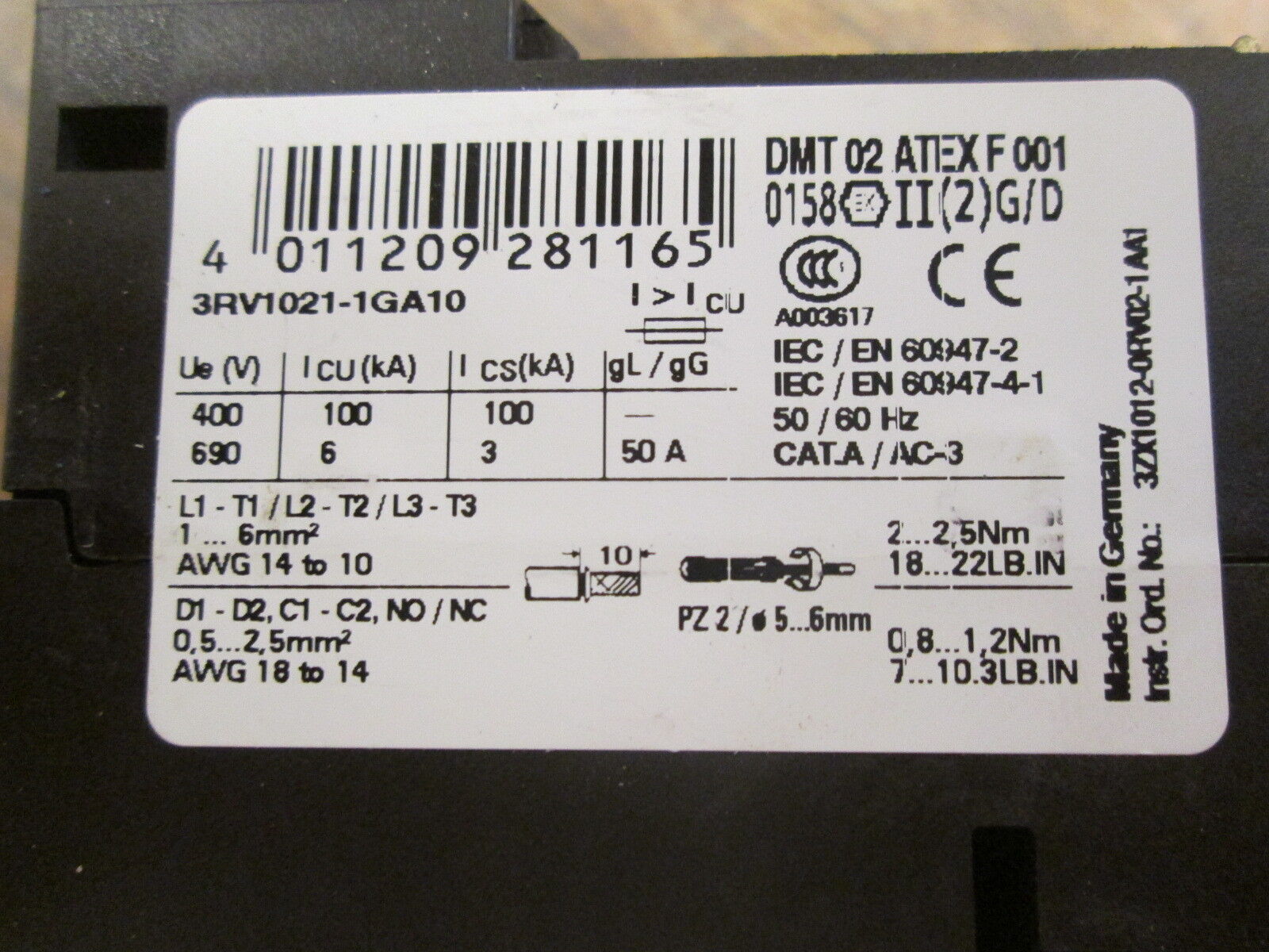 Siemens Sirius Motor Protector 3RV1021-1GA10 Trip: 4.5-6.3A 600V, Used