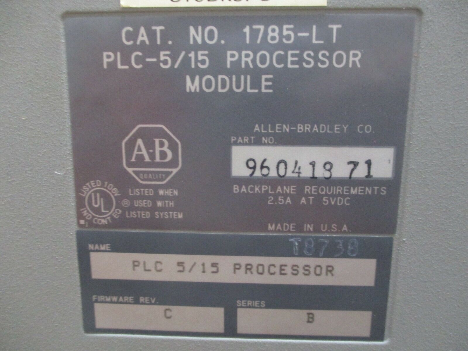 Allen-Bradley PLC-5/15 Processor Module 1785-LT Ser. B F/W Rev. C Used