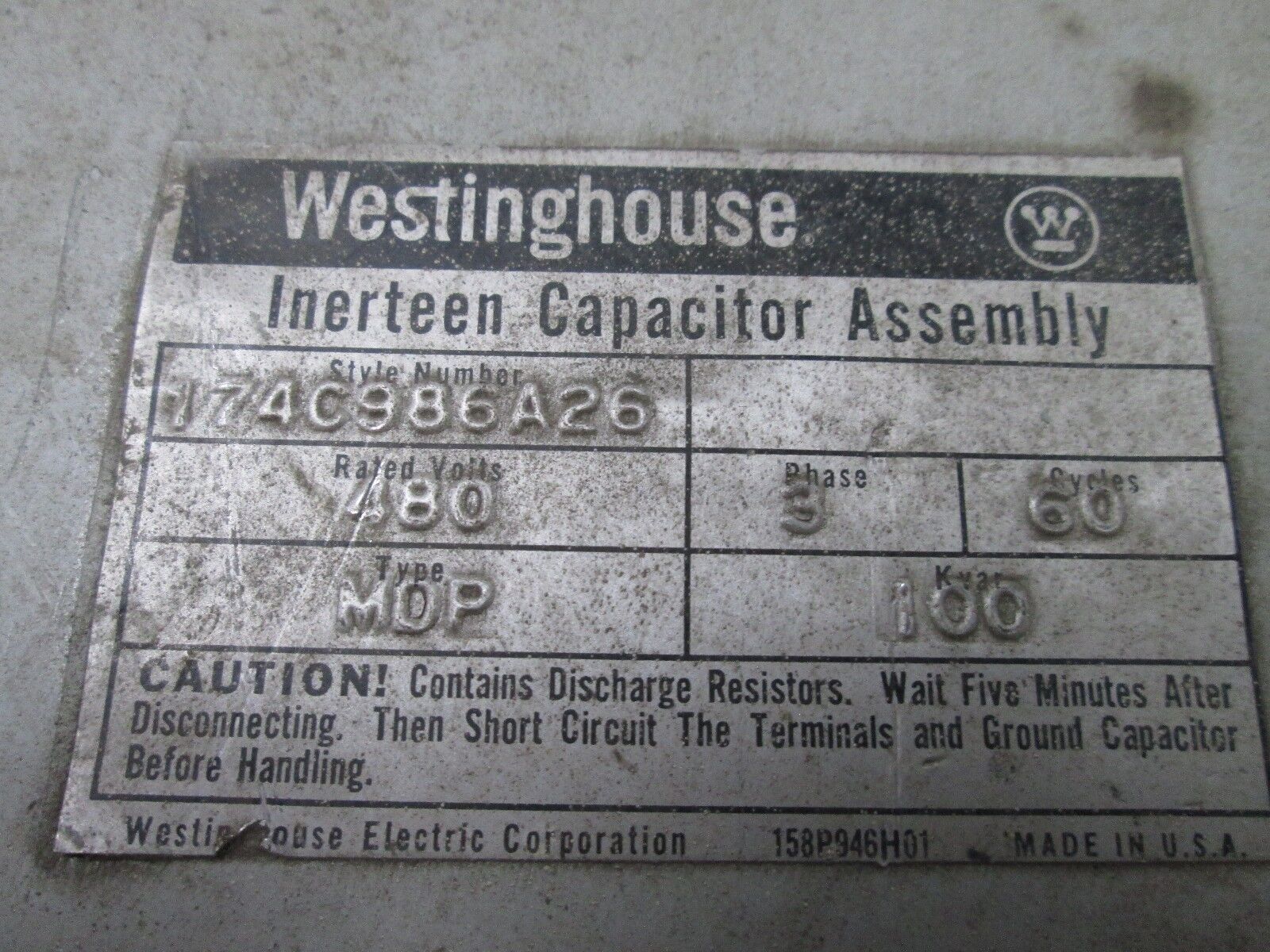 Westinghouse Inerteen Capacitor Assembly 174C986A26 100 KVAR 480V 60Hz 3Ph Used