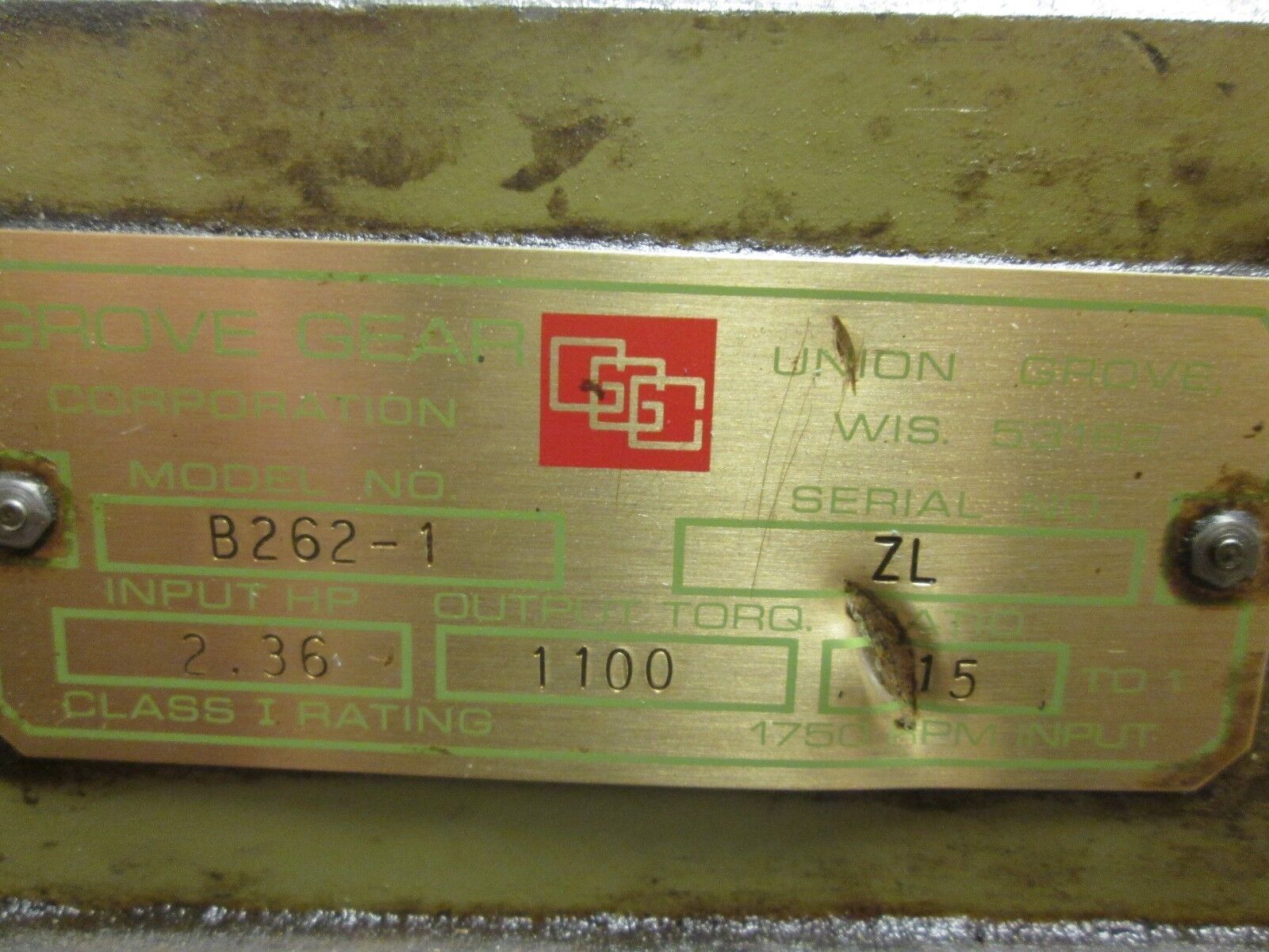 Grove Gear Reducer B262-1 Ratio 15:1 2.36HP In 1100 In LB Torque Out Used