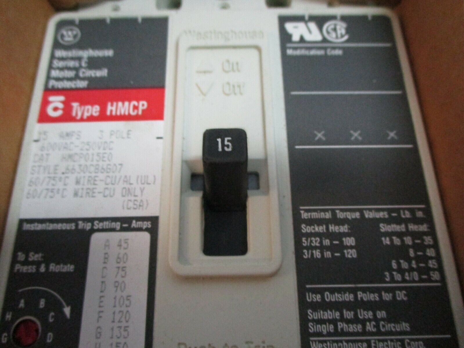 Cutler-Hammer Circuit Breaker HMCP015E0 Style: 6630C86G07 15A 600V 3P