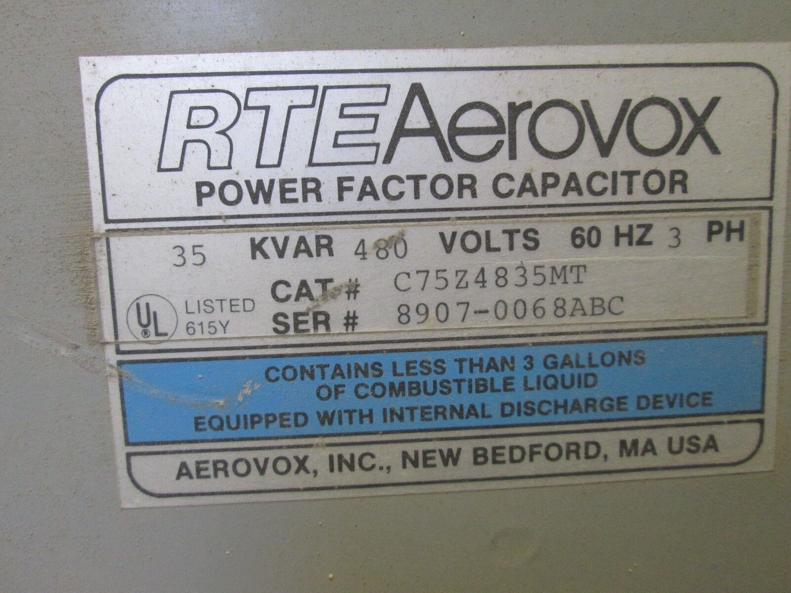 Aerovox Power Factor Capacitor C75Z4835MT 35 KVAR 480V 60Hz 3Ph Used