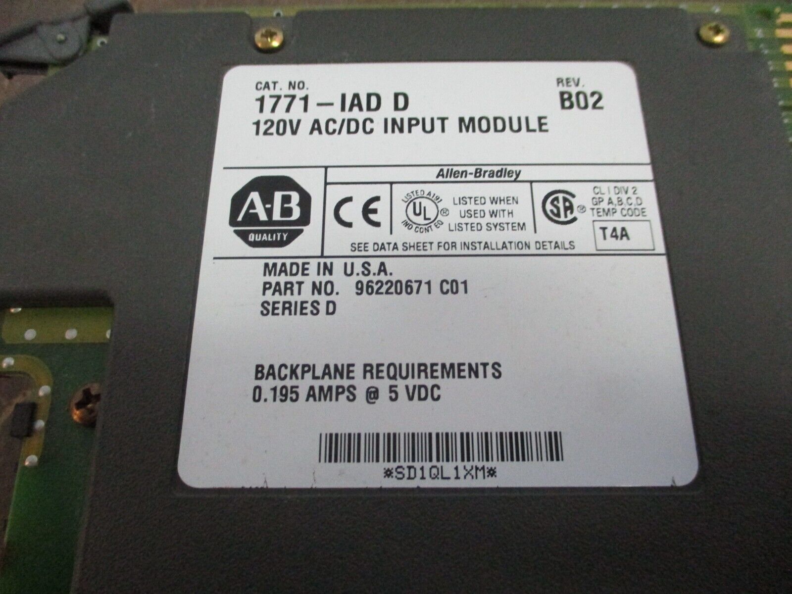 Allen-Bradley AC/DC Input Module 1771-IAD/D Rev. B02 120V *No Terminal* Used