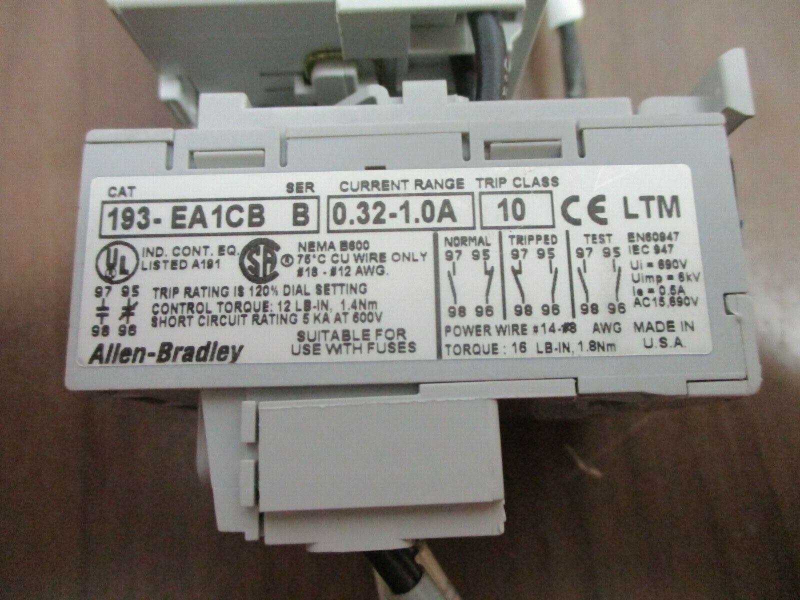 Allen-Bradley Starter 100-MO5NZ*3 / 193-EA1CB 24VDC Coil Trip: 0.32-1.0A Used