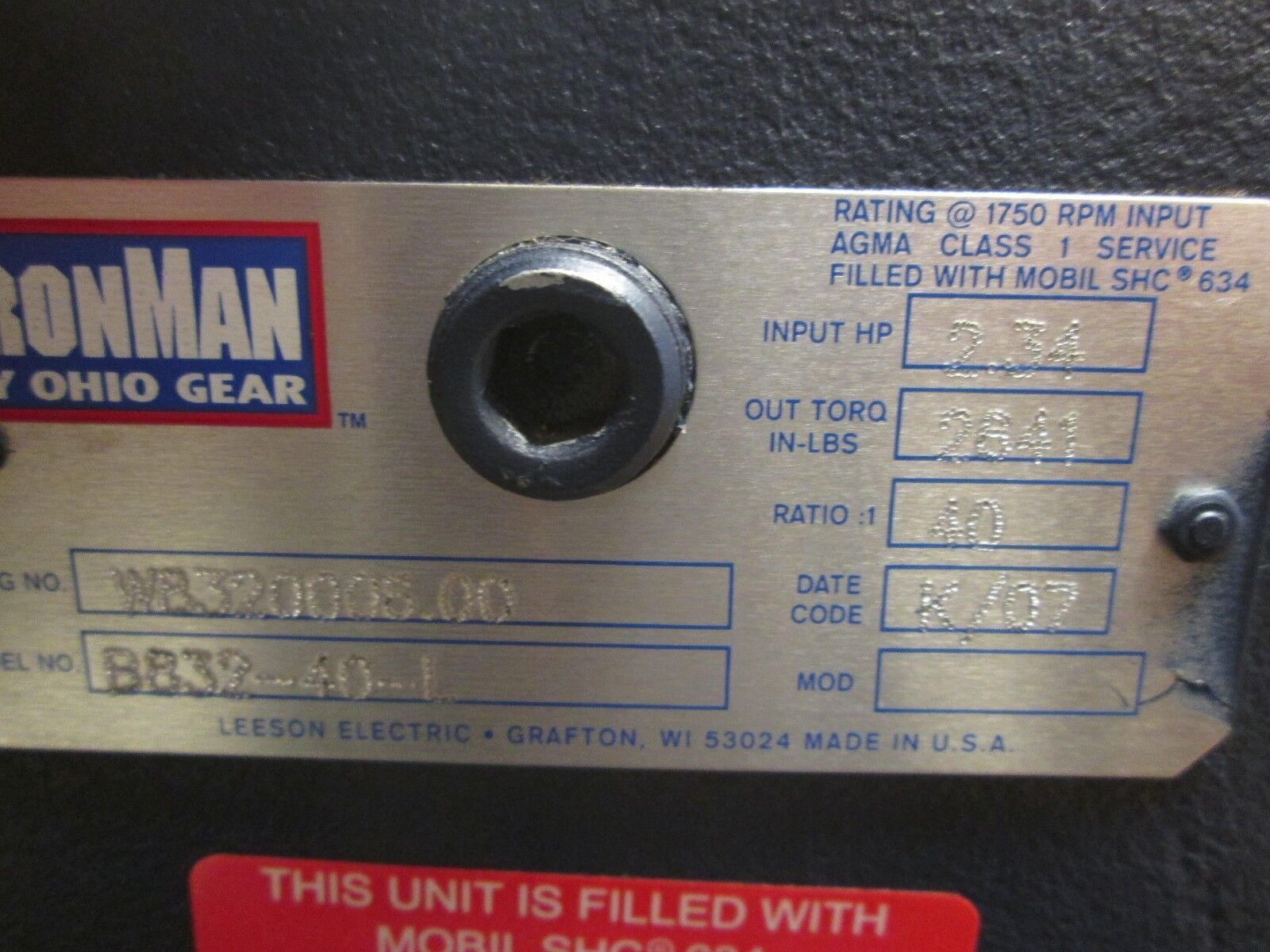 Ohio Gear B832-40-L Iron Man Reducer WB320005.00 Ratio 40:1 2.34 HP In New Surpl