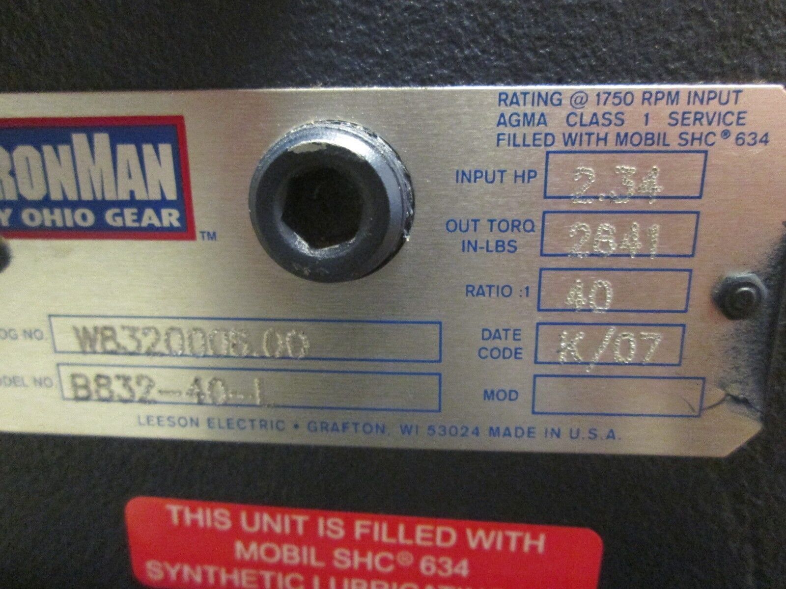 Ohio Gear B832-40-L Iron Man Reducer WB320005.00 Ratio 40:1 2.34 HP In New Surpl