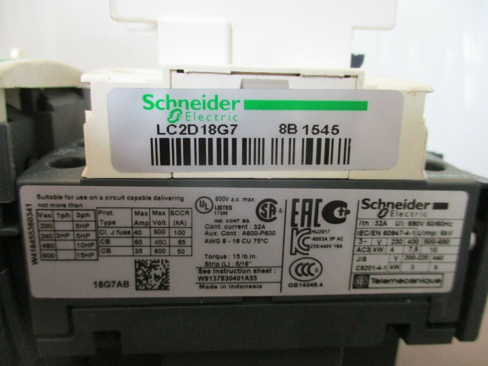 Schneider Electric Reversing Starter LC1D18/LRD14L 120V Coil Trip: 7-10A Used
