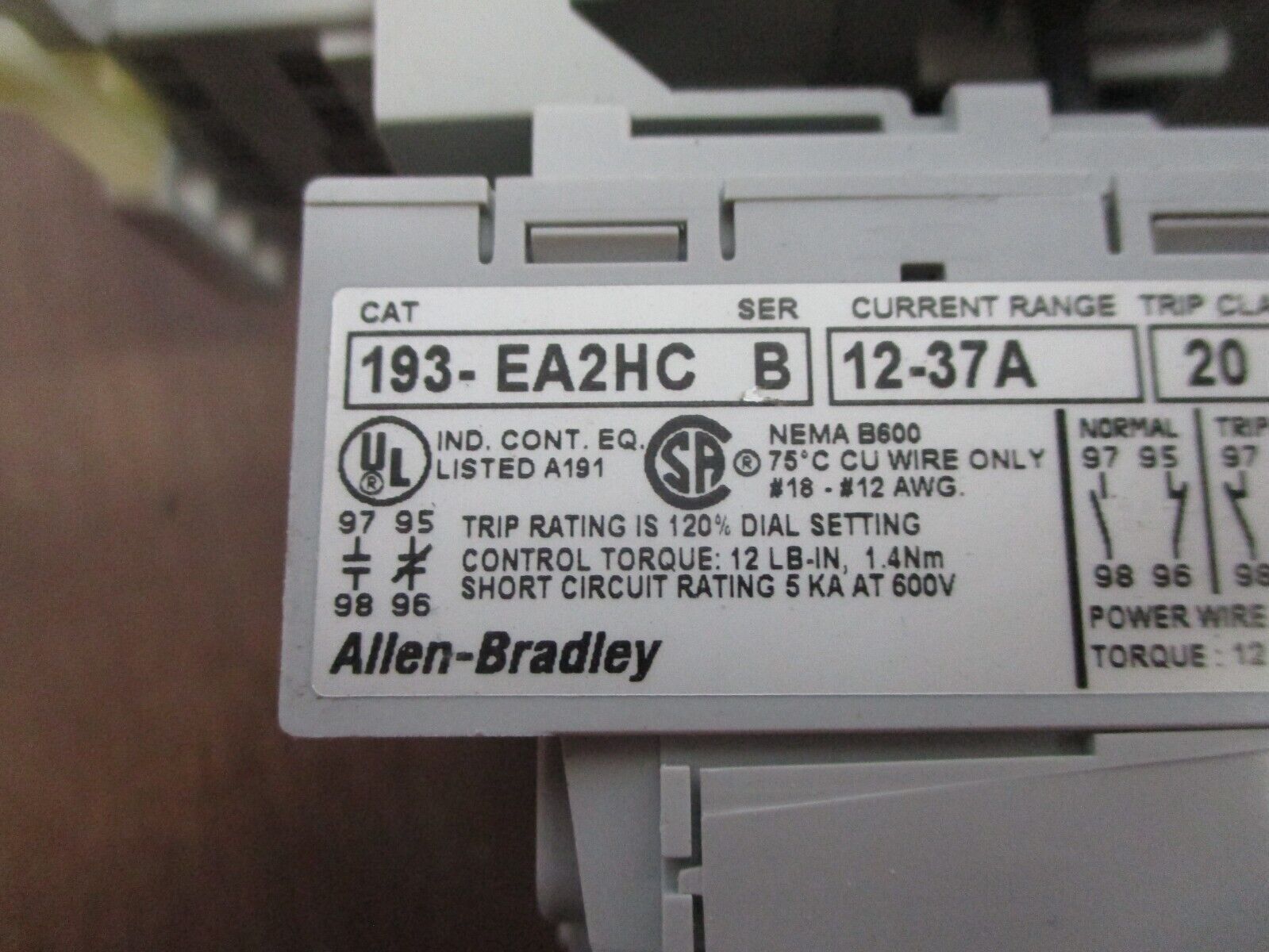 Allen-Bradley Starter 100-C37*00/193-EA2HC 120V Coil Trip: 12-37A w/ Aux Contact