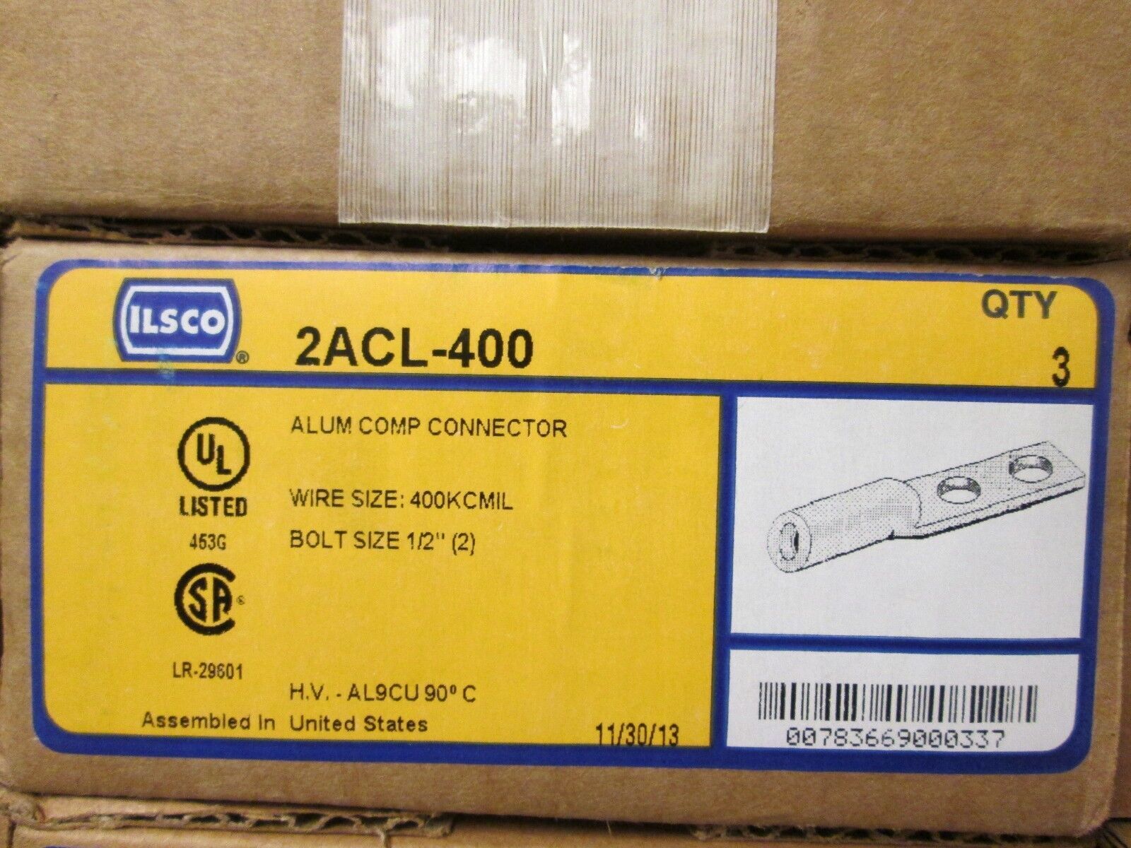ilsco Crimp Lug 2ACL-400 400 Kcmil 1/2" Bolts **Box of 3** New Surplus