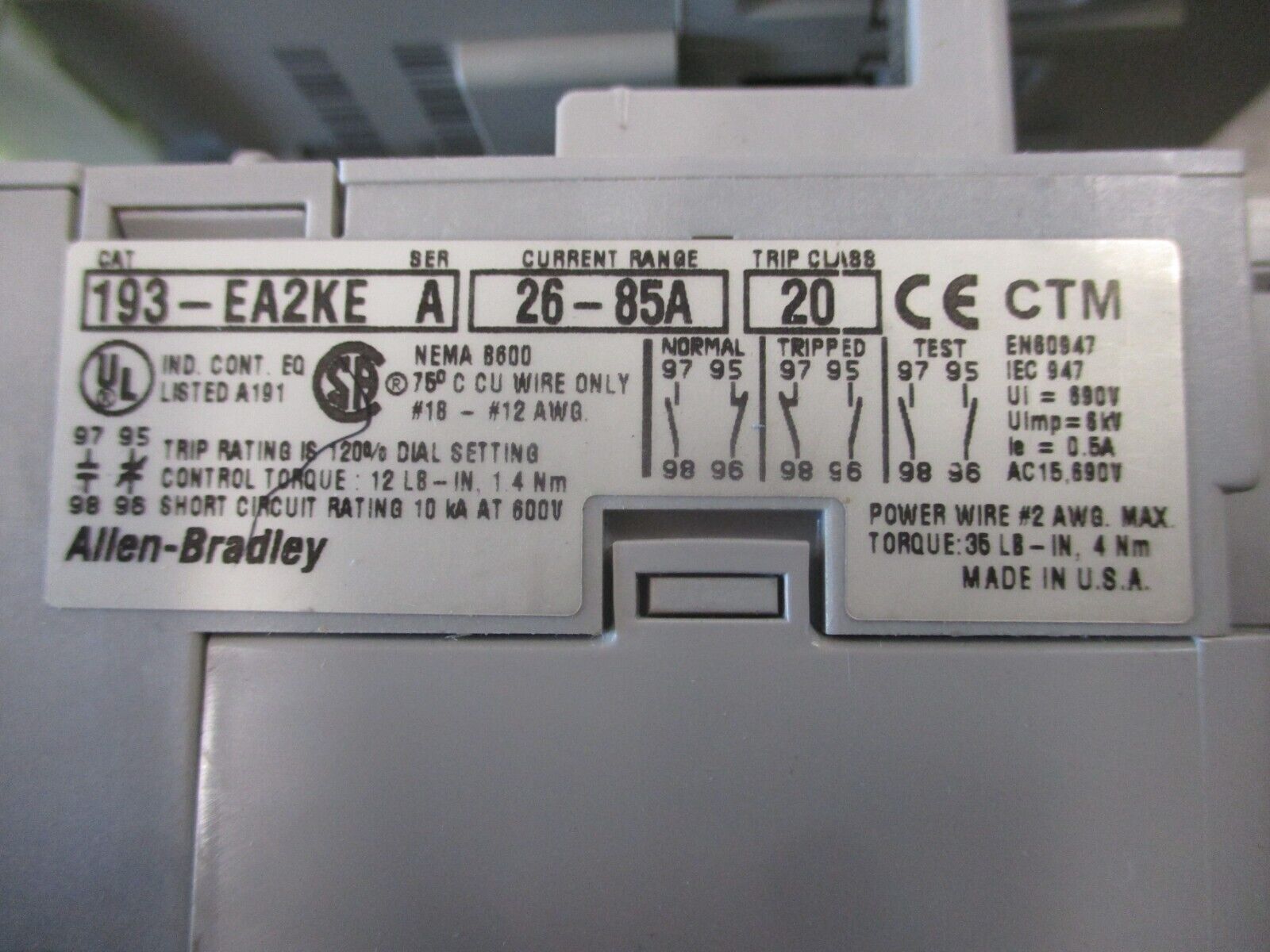 Allen-Bradley Starter 100-C72*00 / 193-EA2KE 120V Coil Trip: 26-85A 600V Used