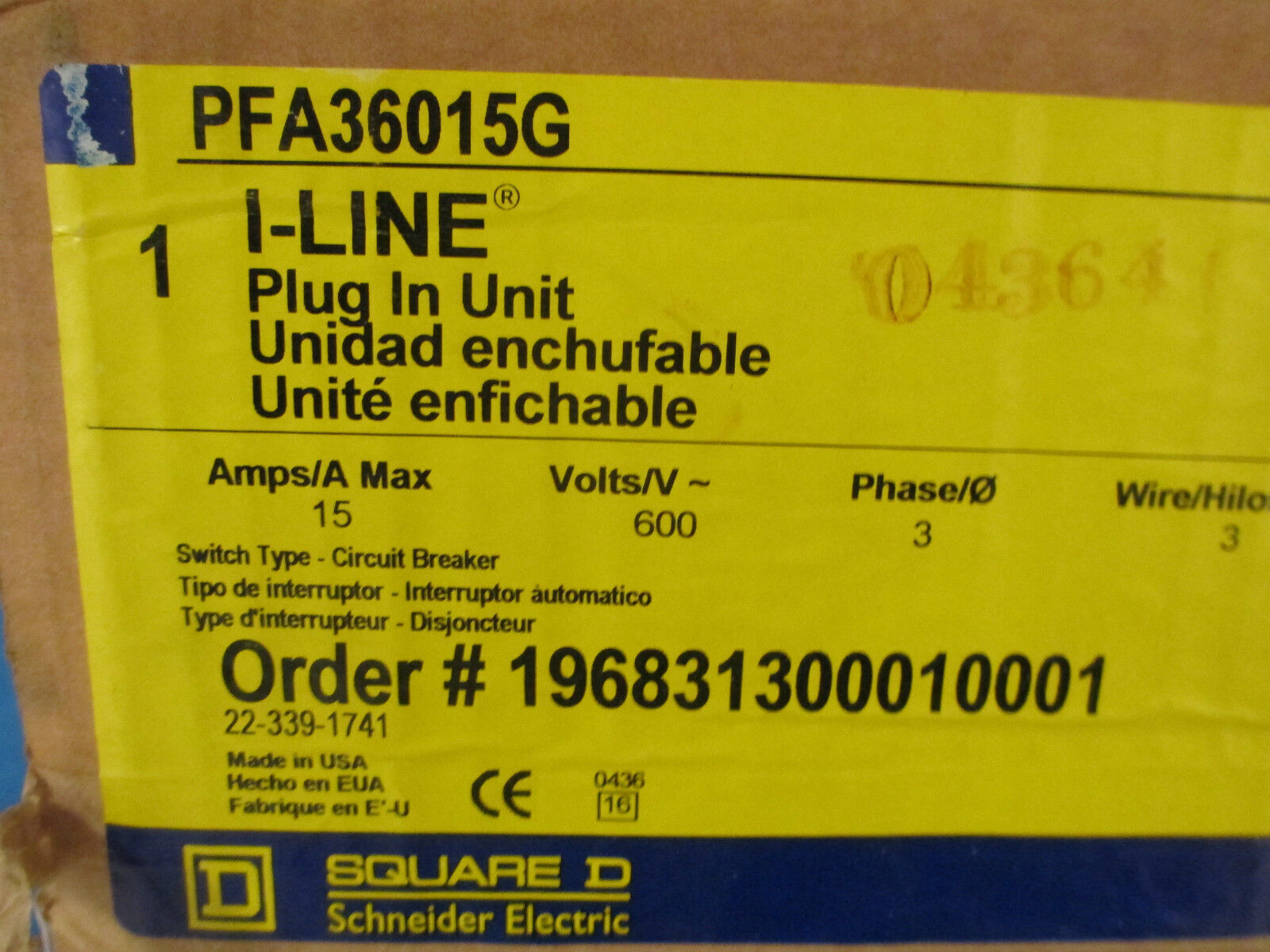 Square D PFA36015G I-Line Bus Plug 15A 600V 3P 3W W/ Ground New Surplus