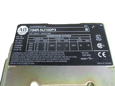 Allen-Bradley Fusible Disconnect Switch 194R-NJ100P3 Ser. B 100A 600V 3Ph Used