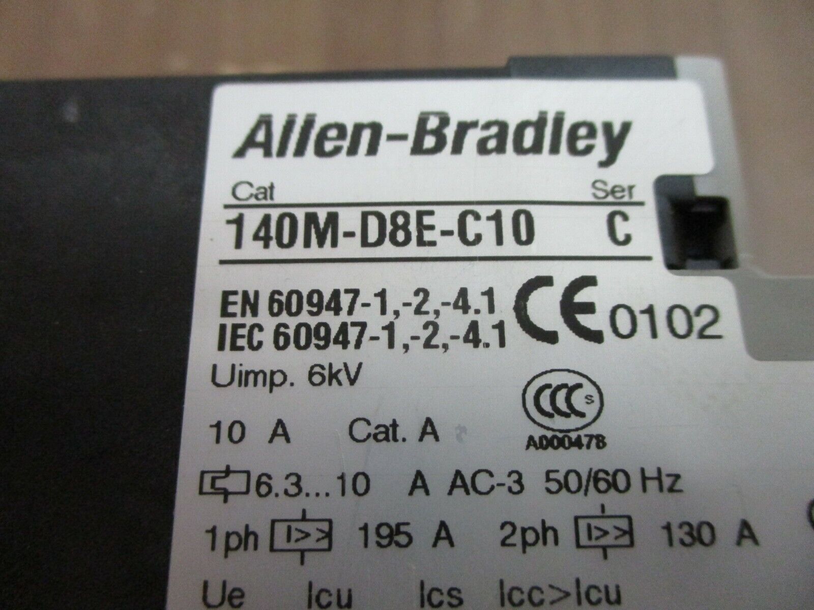 Allen-Bradley Manual Starter 140M-D8E-C10 Ser. C Trip: 6.3-10A w/Aux Contact