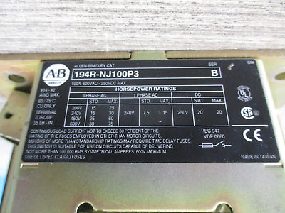 Allen-Bradley Fusible Disconnect Switch 194R-NJ100P3 Ser. B 100A 600V 3Ph Used.