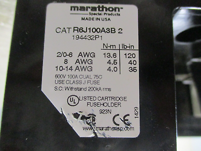 Marathon Fuse Holder R6J100A3B 2 100A 600V 3P Used