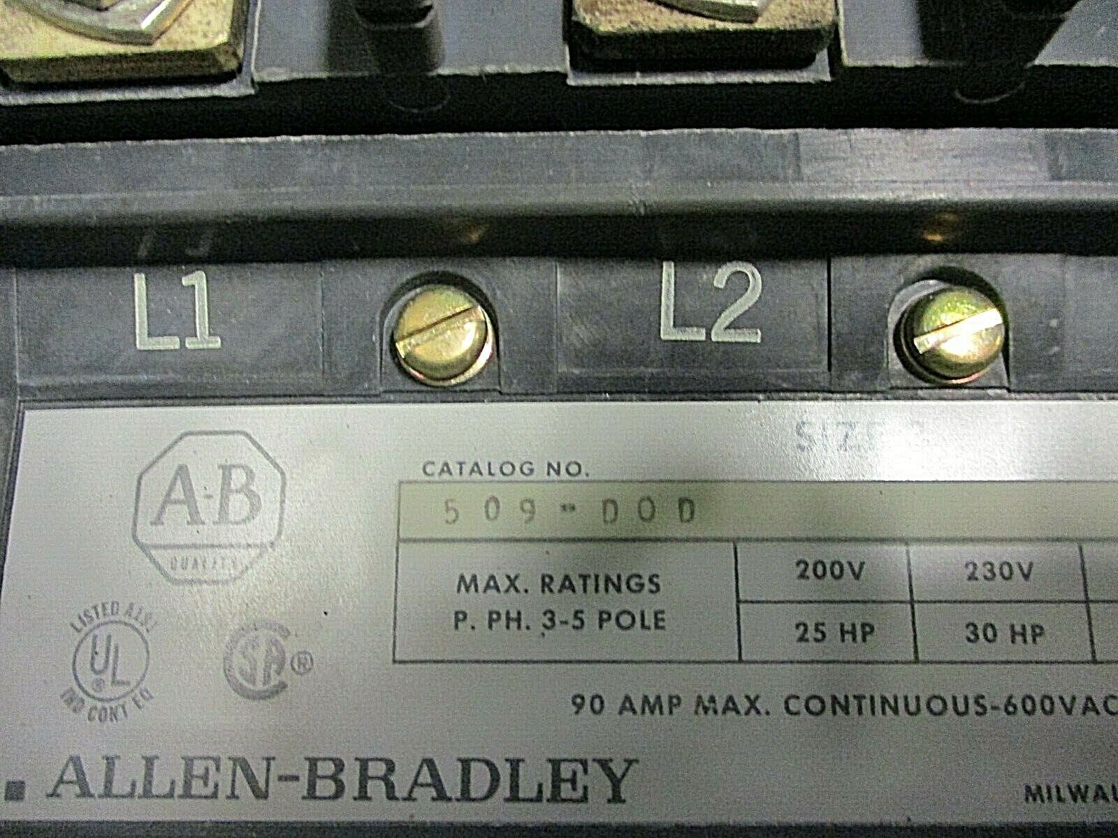 Allen-Bradley Fusible Size 3 Combination 509-DOD 115-120V Coil 90A 600V Used
