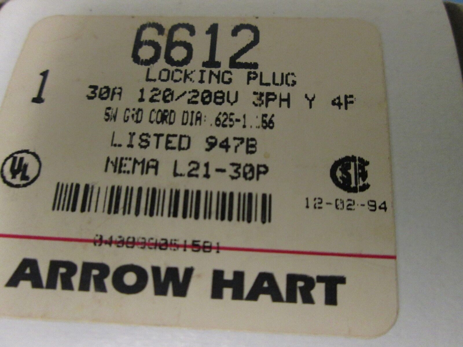 Arrow Hart 6612 30 A 120/208 V 3 Ph 4 Pole 5 Wire