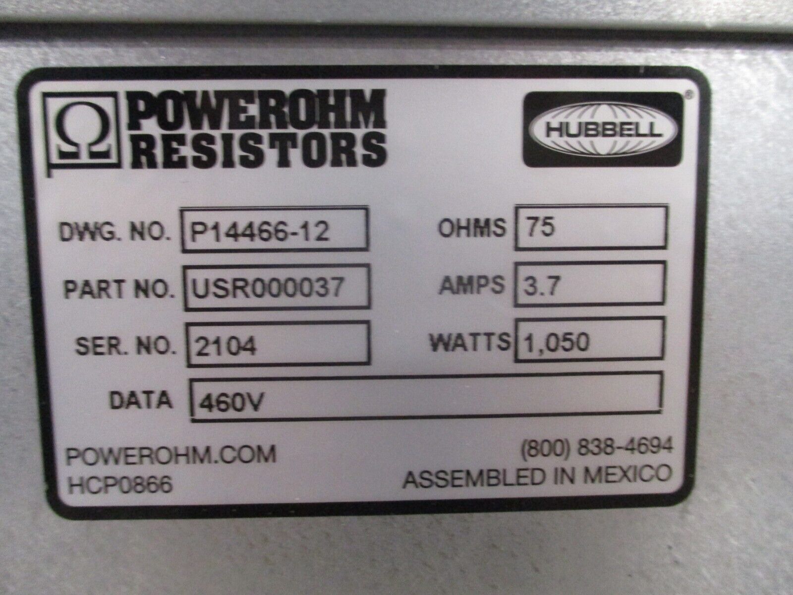 Powerohm Braking Resistor USR000037 75 ohm 1050W 3.74A New Surplus