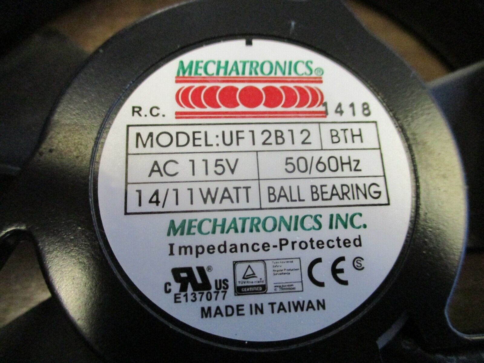 Mechatronics Axial Fan UF12B12 115V 50/60Hz 14/11W Used