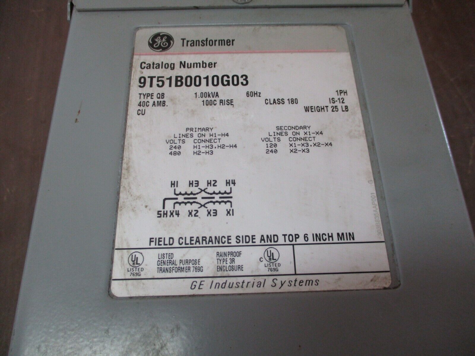 GE Type QB Transformer 9T51B0010G03 1.00kVA Pri: 240/480V Sec: 120/240V 60Hz
