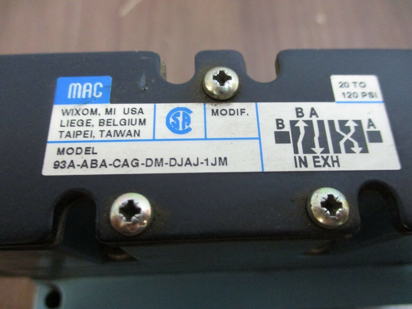 Mac Solenoid Valve 93A-ABA-CAG-DM-DJAJ-1JM 20-120 PSI Used