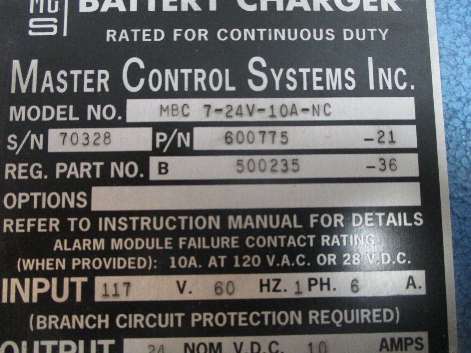 MCS Battery Charger 600775-21 Model #: MBC 7-24V-10A-NC 230AH 20-Cells Used