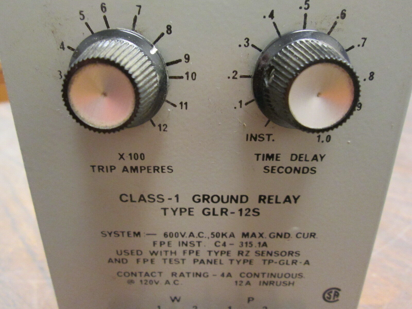 FPE Class-1 Ground Relay GLR-125 Trip: 100-1200A Delay: 0-1 sec Used