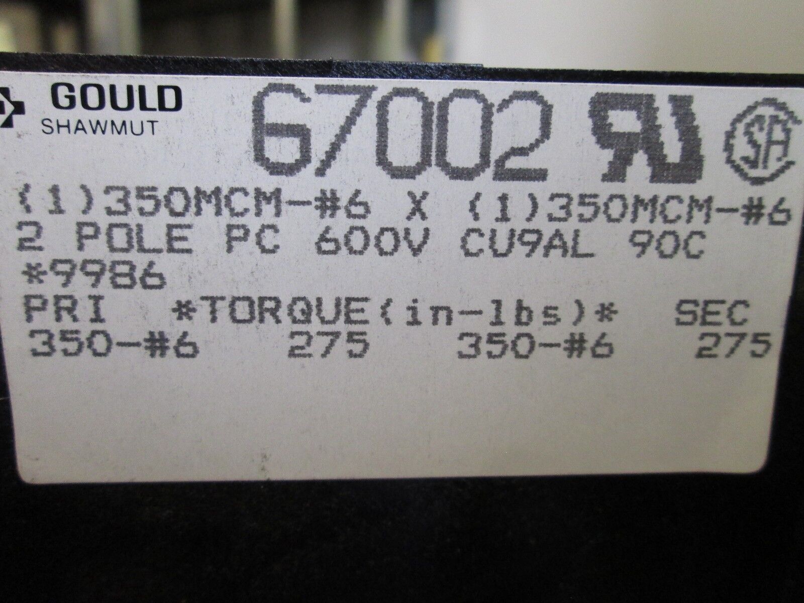 Gould Power Distribution Block 67002 Line(1) 350MCM Load(1) 350MCM 2P 600V