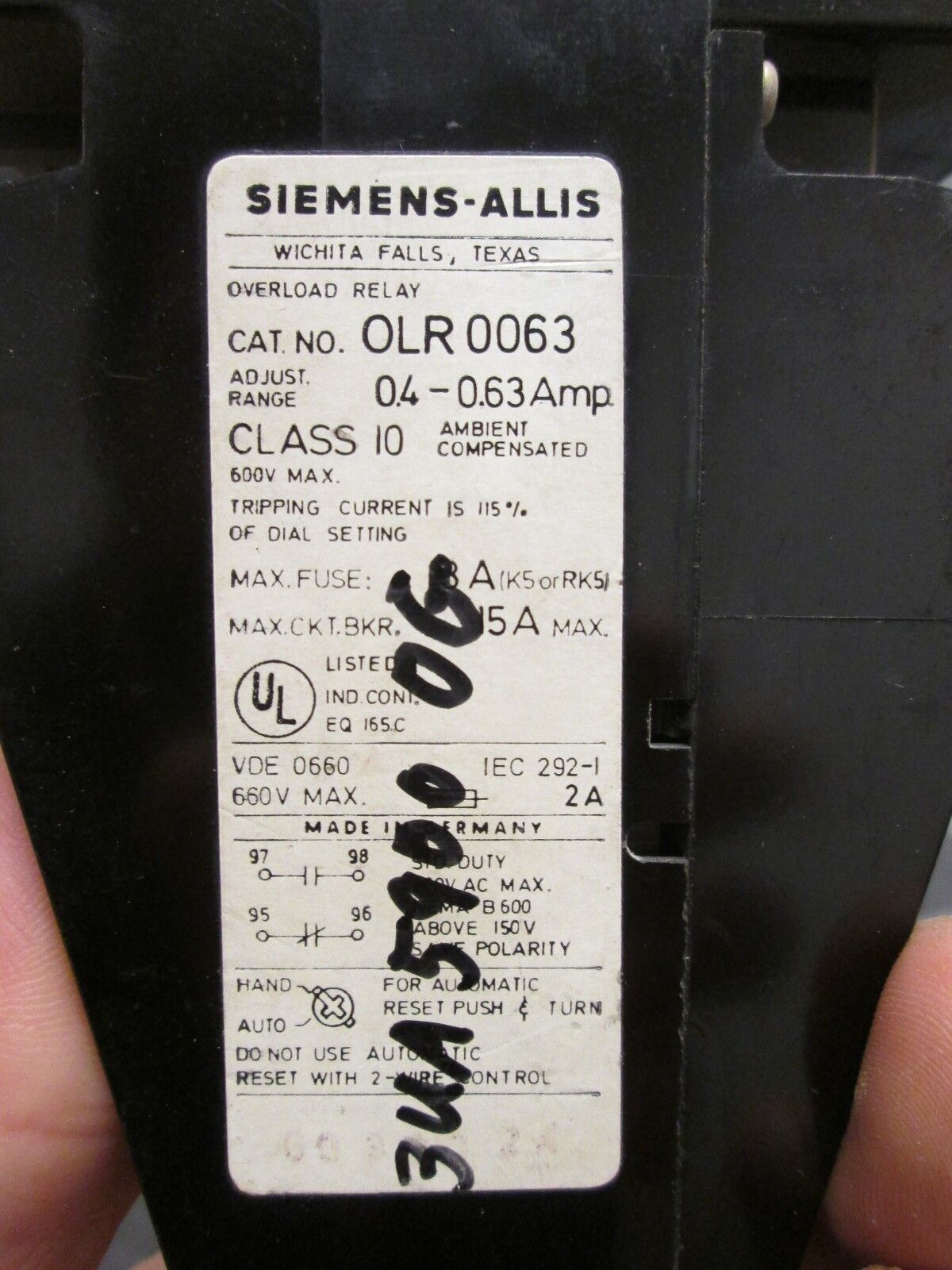 Siemens-Allis Solid State Overload OLR0063 .4-.63A Range 600V Used