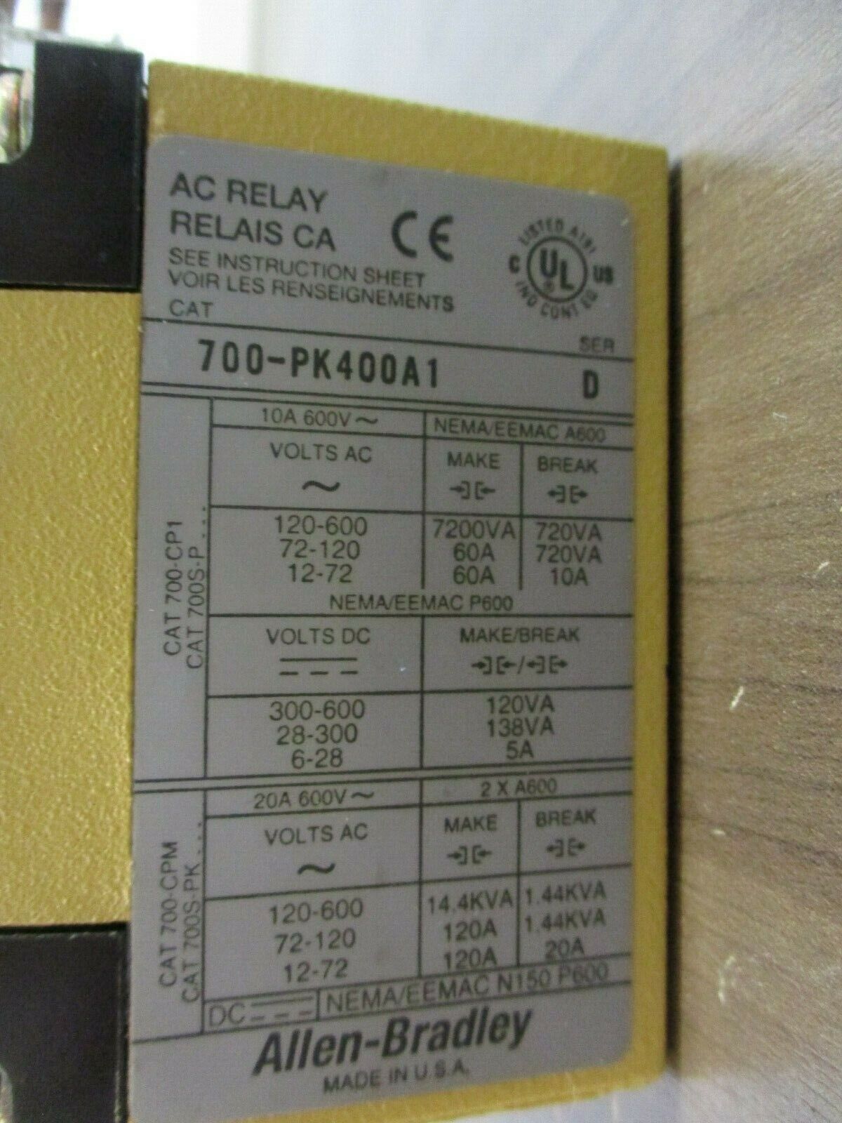 Allen-Bradley Type PK AC Relay 700-PK400A1 Ser. D 115-120V Coil Used
