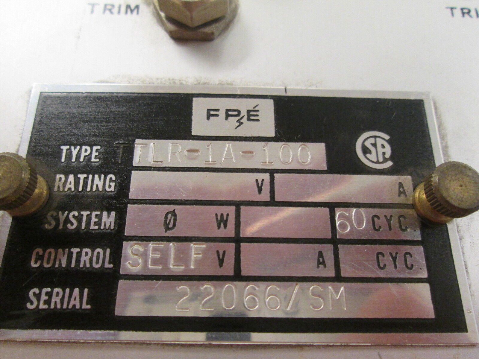 FPE Type TLR Ground Relay TTLR-1A-100 Pickup: 100-500A Time: 0-0.4sec Used