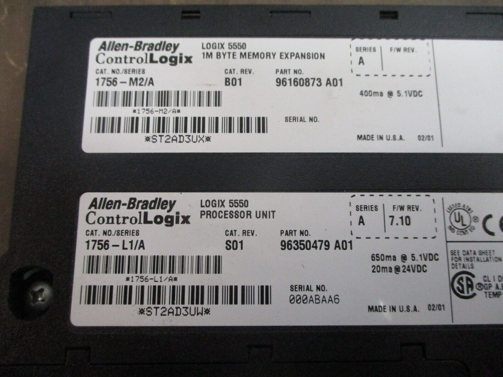 Allen-Bradley ControlLogix 5550 Processor Unit w/ Memory Expansion 1756-L1/A