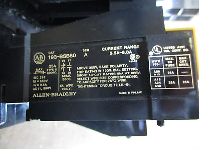 Allen-Bradley SMC-2 Smart Motor Controller 150-A09NB / 193-BSB80 5HP 460V 5.5-8A