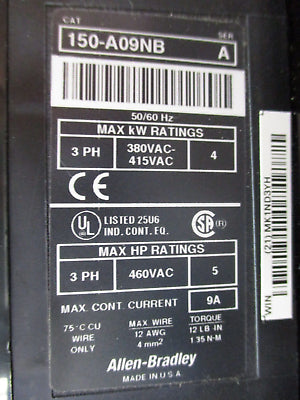 Allen-Bradley SMC-2 Smart Motor Controller 150-A09NB / 193-BSB80 5HP 460V 5.5-8A