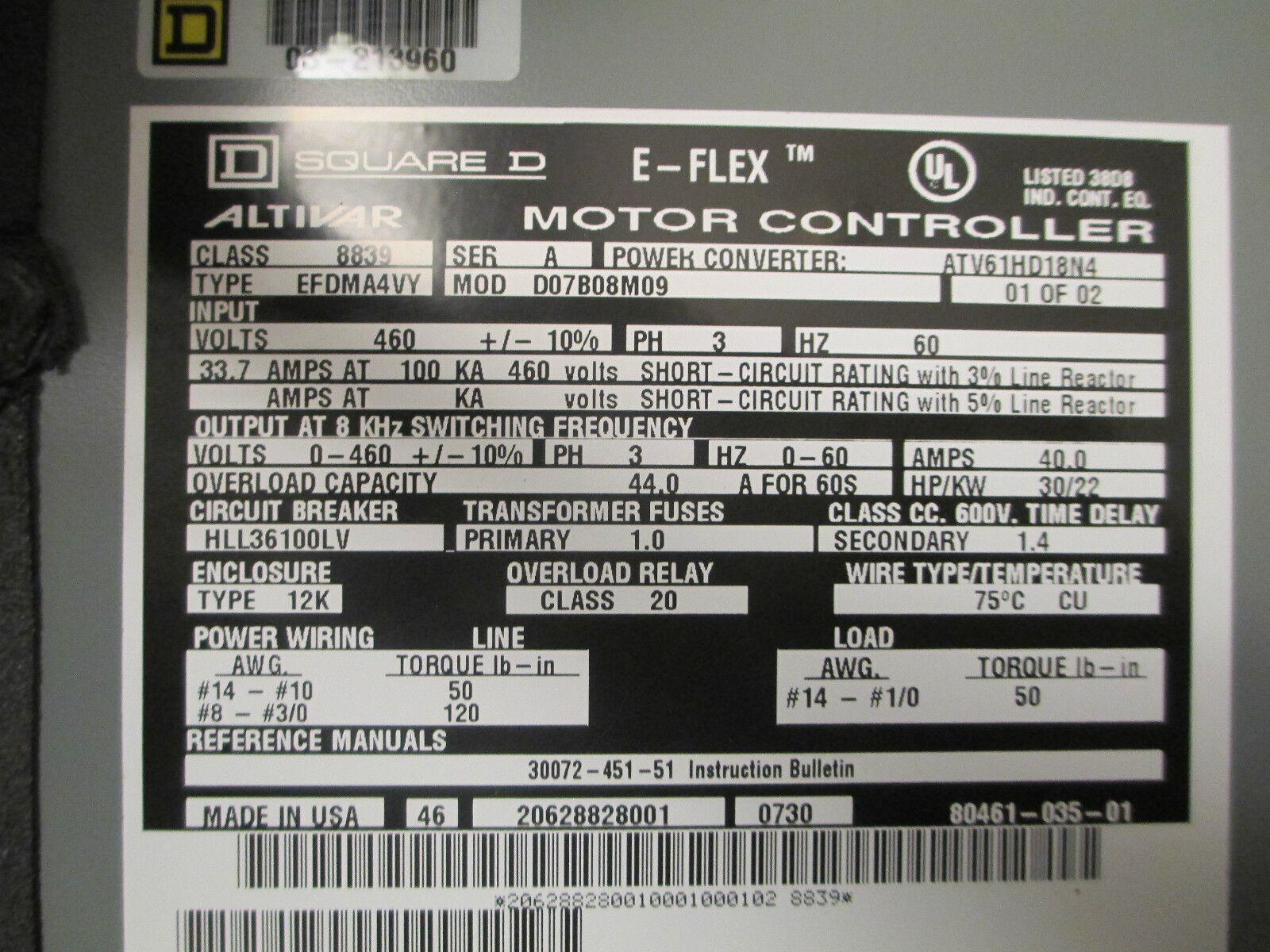 Square D E-Flex Motor Controller ATV61HD18N4 30HP 22 KW 40A 460V Used