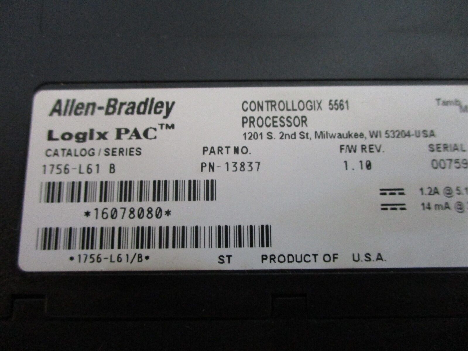 Allen-Bradley Logix PAC ControlLogix 5561 Processor Module 1756-L61 Ser. B Used