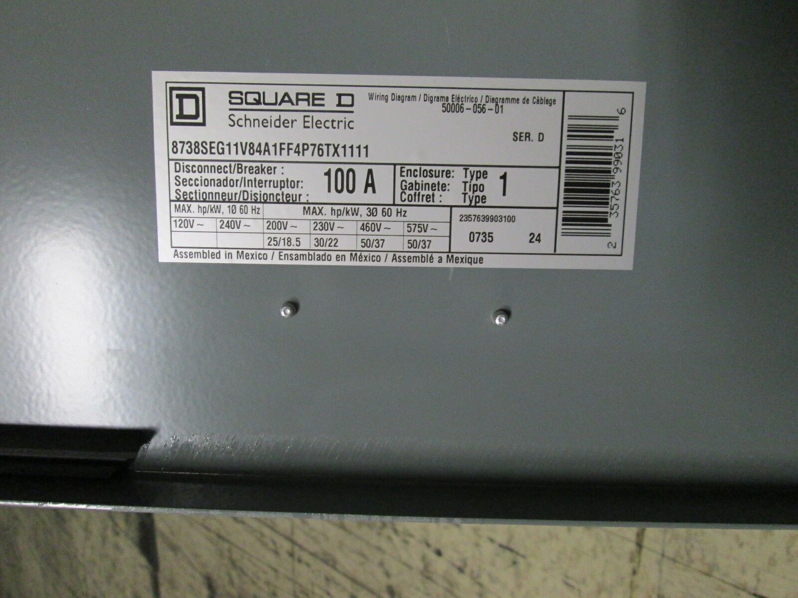 Square D Size 3 Reversing Combination 120V 3Ph Non-Fusible Disconnect