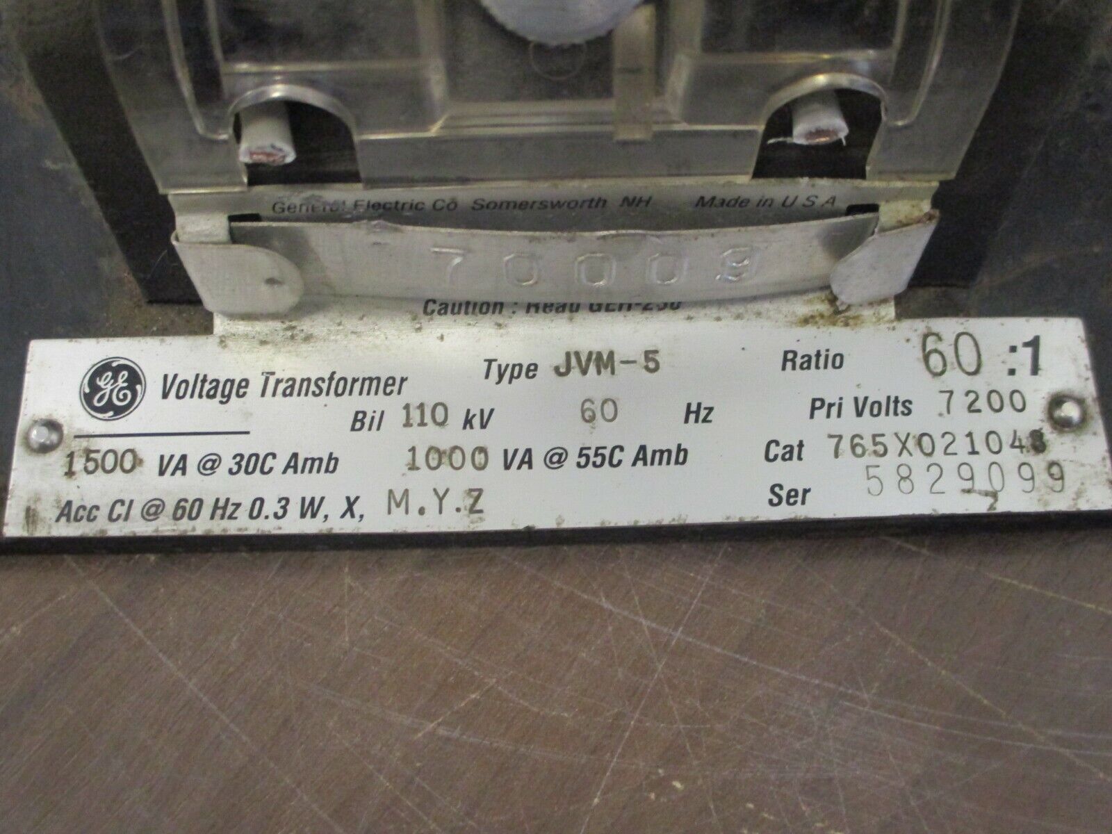 GE JVM-5 Voltage Transformer 765X021G48 Ratio 60:1 Pri:7200V 60Hz 110kV BIL Used
